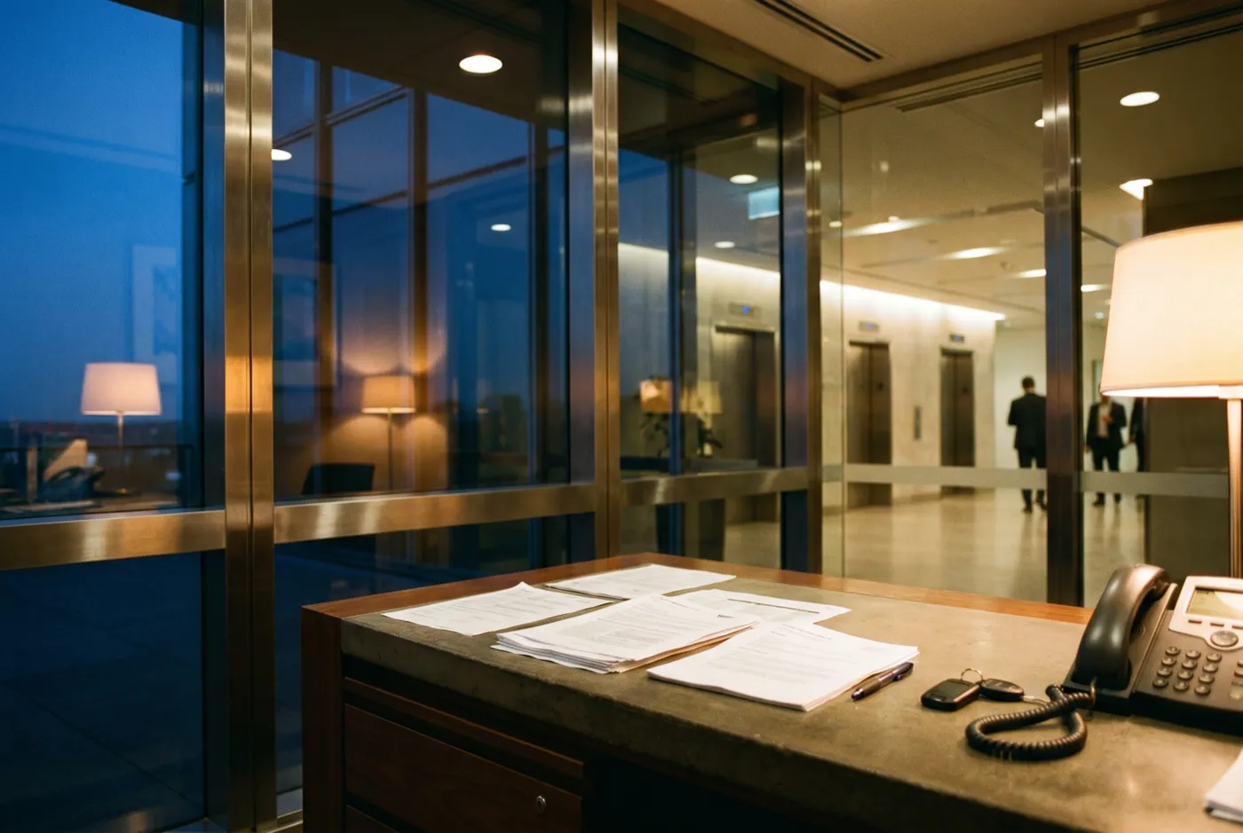 Strata paperwork, a pen and a lift access fob on a building manager's desk in evening light