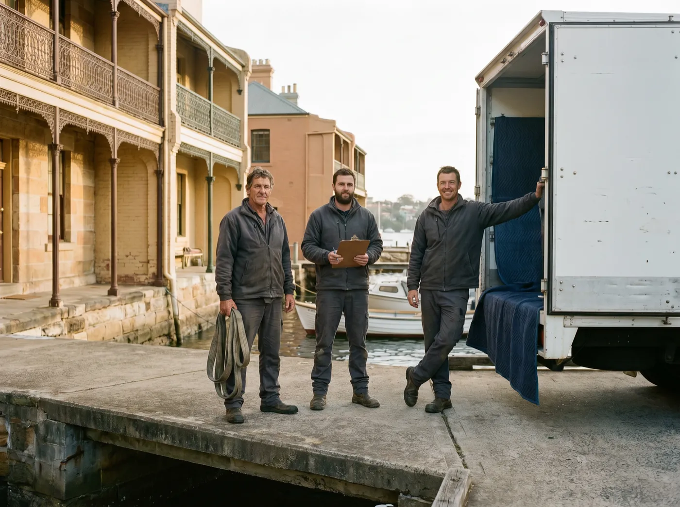 Three movers standing relaxed at a harbourside dock edge in morning light, straps and a clipboard in hand, truck behind