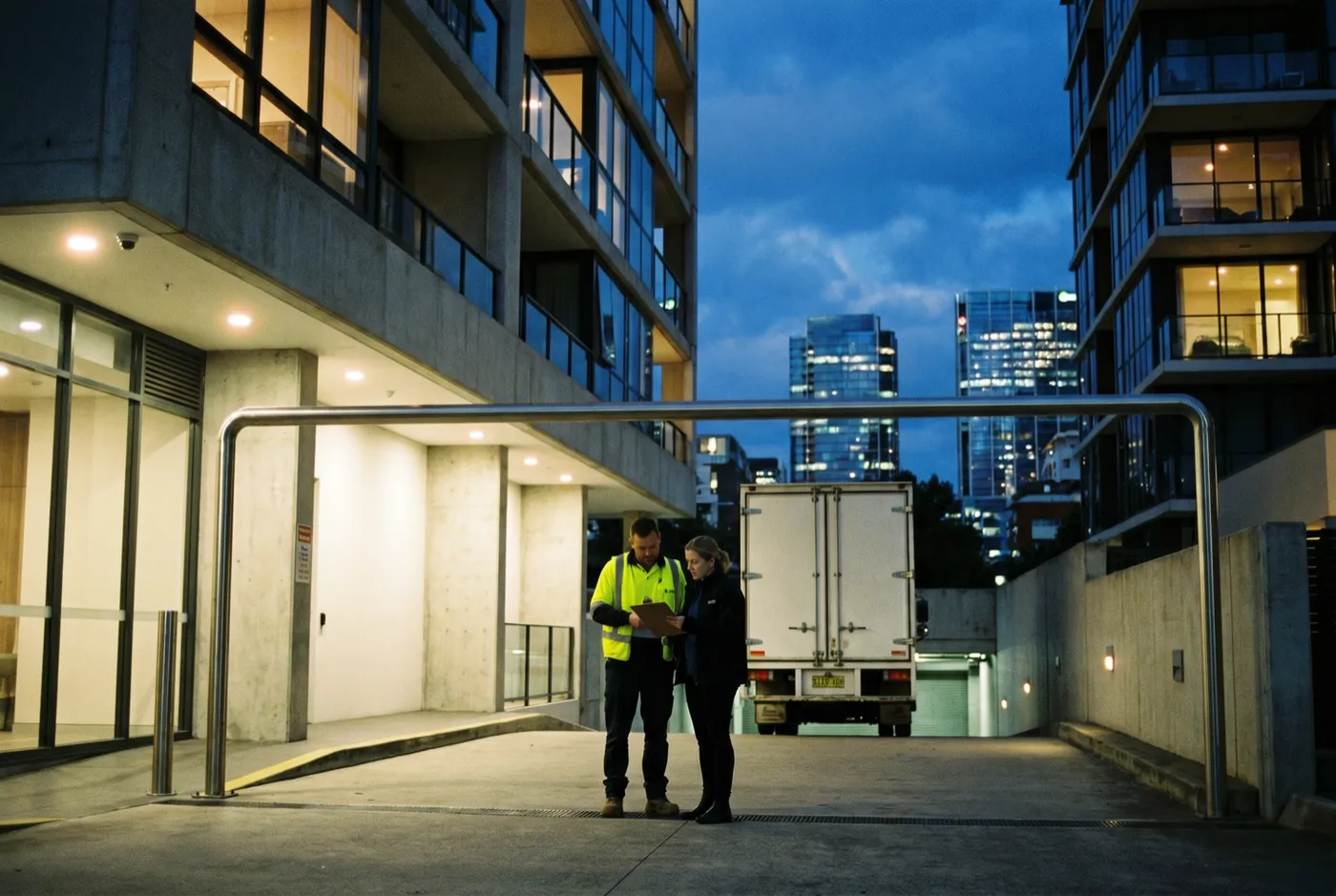 A mover and a building manager reviewing paperwork at a tower loading dock at dusk