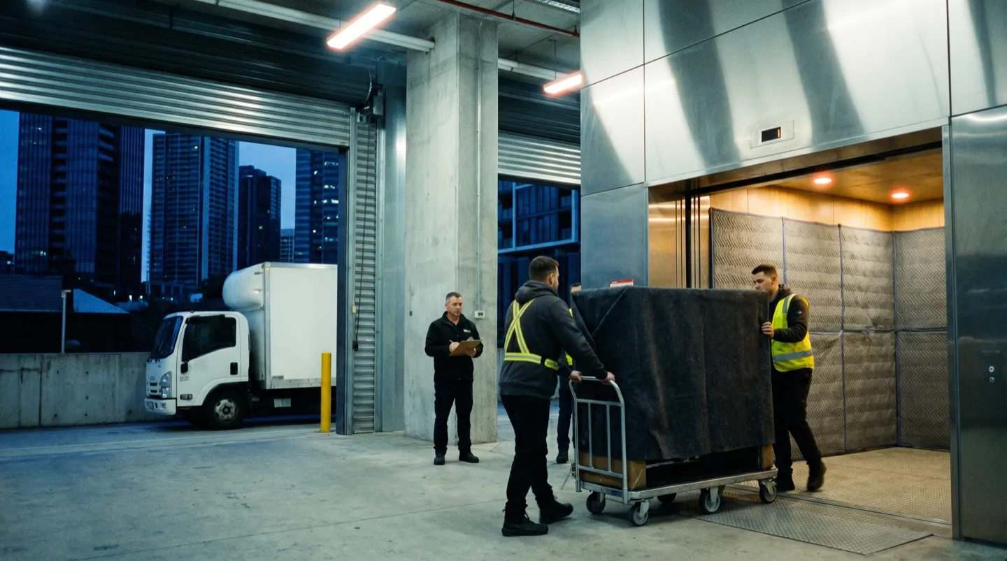 Removalists wheeling wrapped furniture through a tower loading dock toward a curtained goods lift
