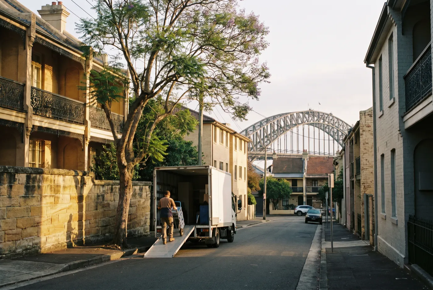 A compact removal truck with its ramp down on a narrow leafy Kirribilli street