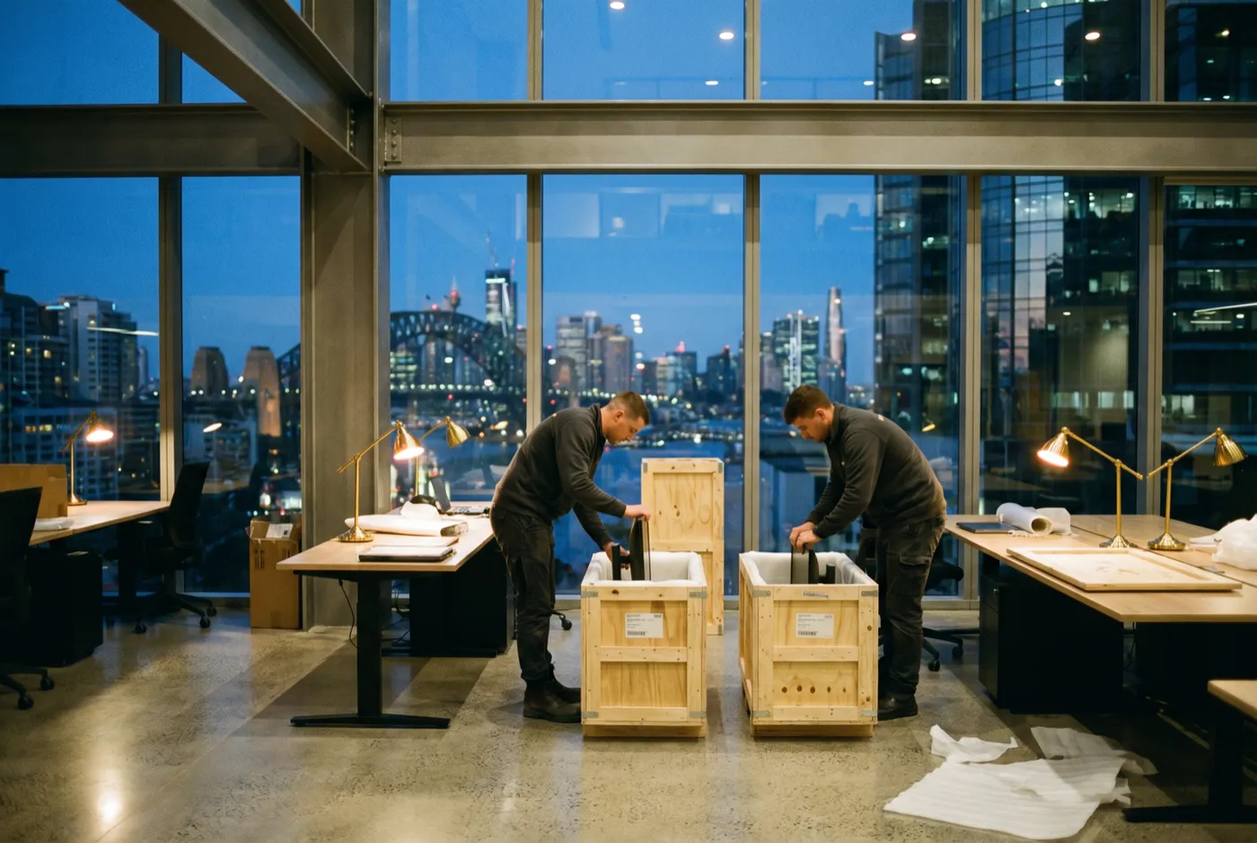 Movers packing monitors into padded crates in a North Sydney office at night