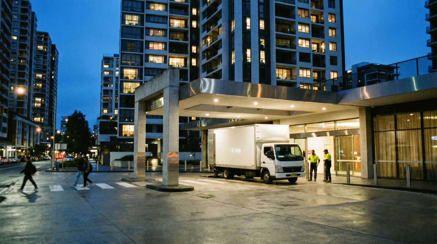 St Leonards residential towers at dusk, a removal truck waiting at a building's covered entry