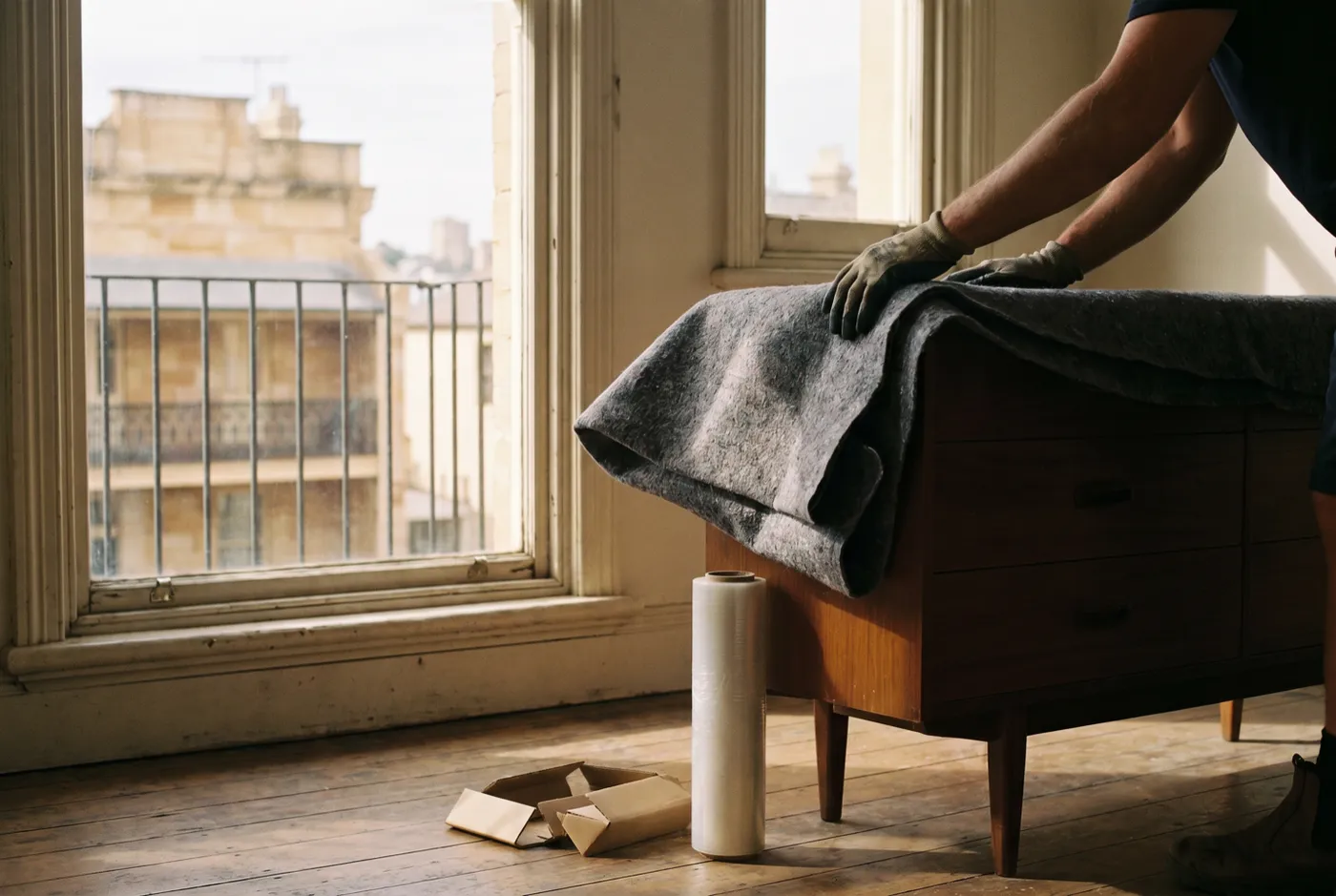 Hands wrapping the corner of a timber dresser in a felt moving blanket